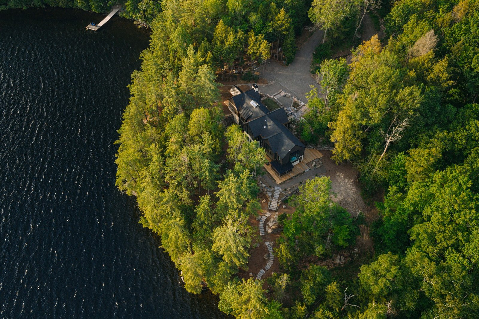 Aerial view of The Crag cottage and its shoreline on Haliburton Lake