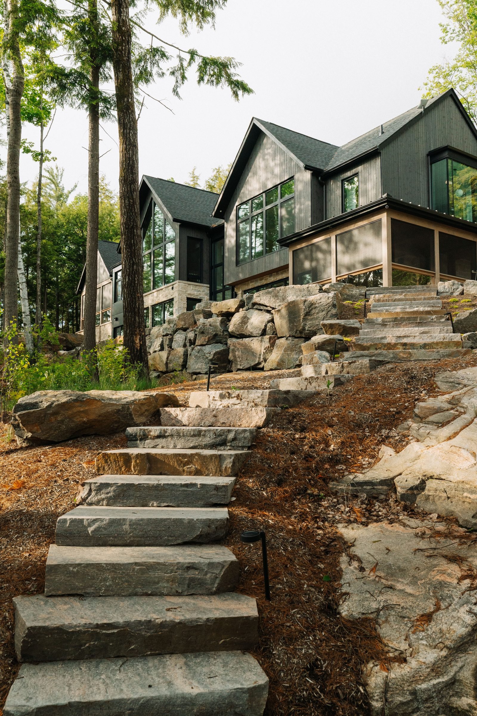 Stone stairway leading up to The Crag through the forest
