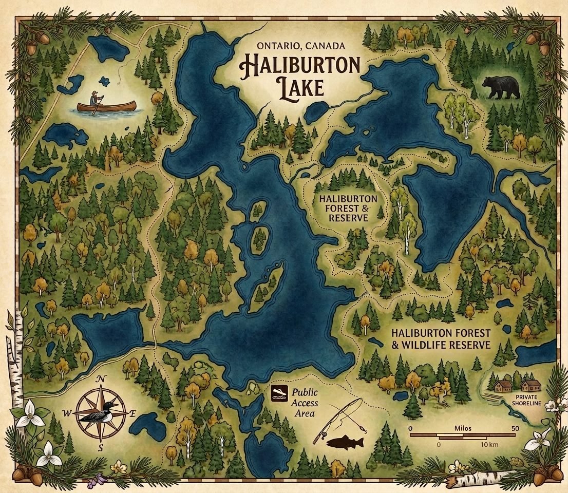 Illustrated map of Haliburton Lake, Ontario, showing the surrounding forest and reserve lands